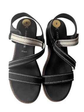 Anne Klein Black Strappy Iflex Comfort Wedge Zig Zag Stitch Sandals Size 8 NWOB